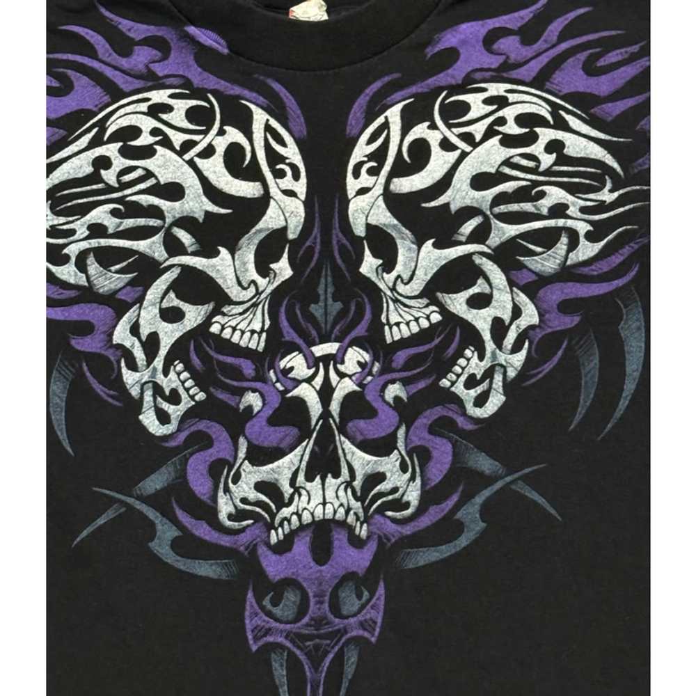 Vtg Y2K Alstyle Unisex Black/Purple Skull Flames Graphic Size S - Picture 8 of 8